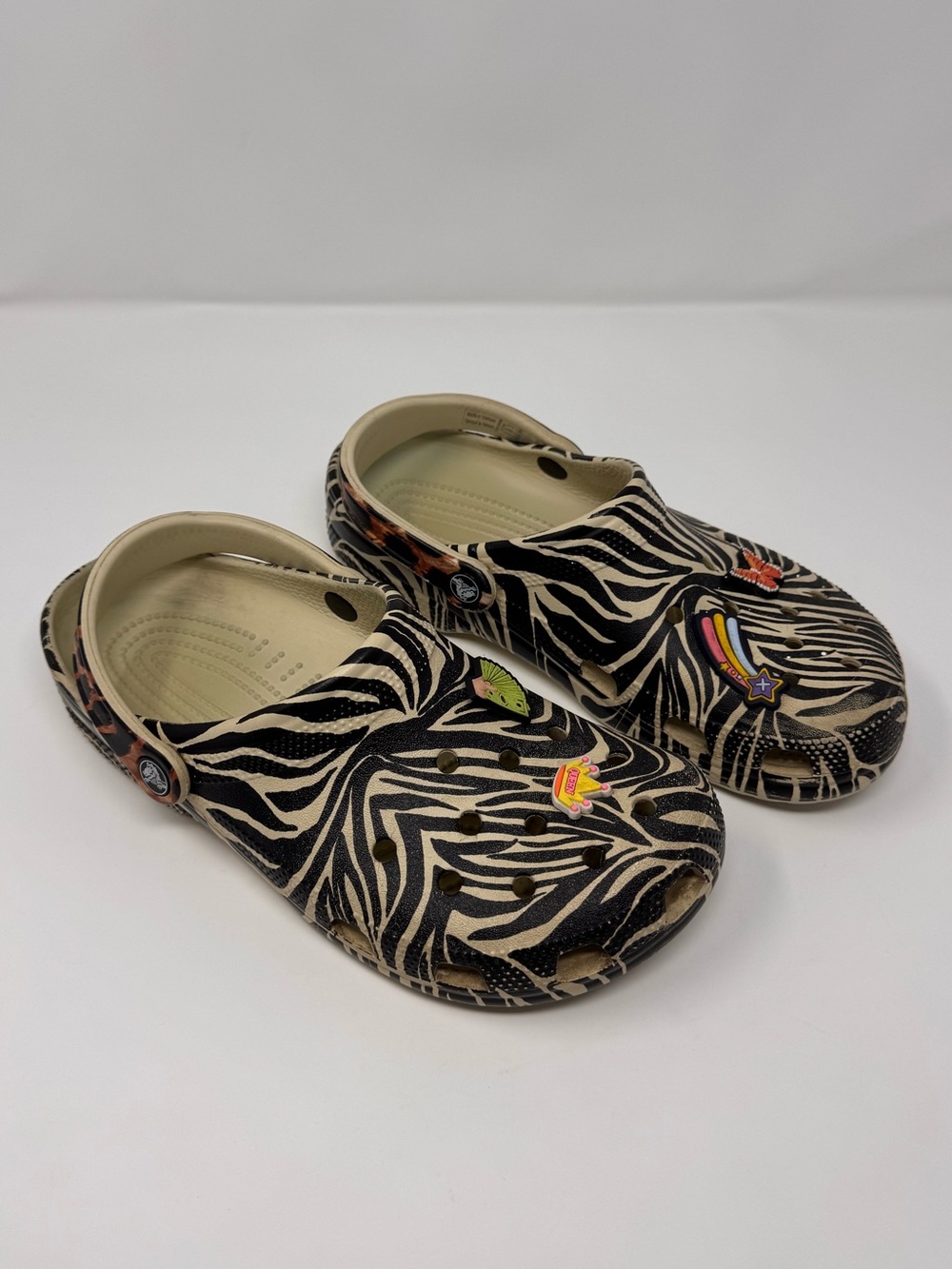 Crocs Zebra Leopard clog shoes, Sz men’s 7 / women’s 9, boho artsy funky animal